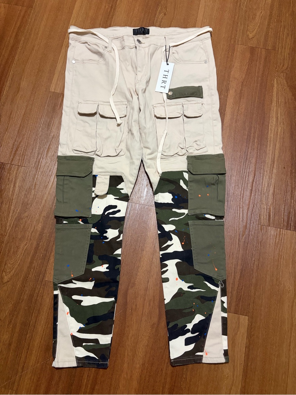 THRT Denim Militia Cargo Pants NWT Size 42 Camo, Beige, Distressed Paint Accents